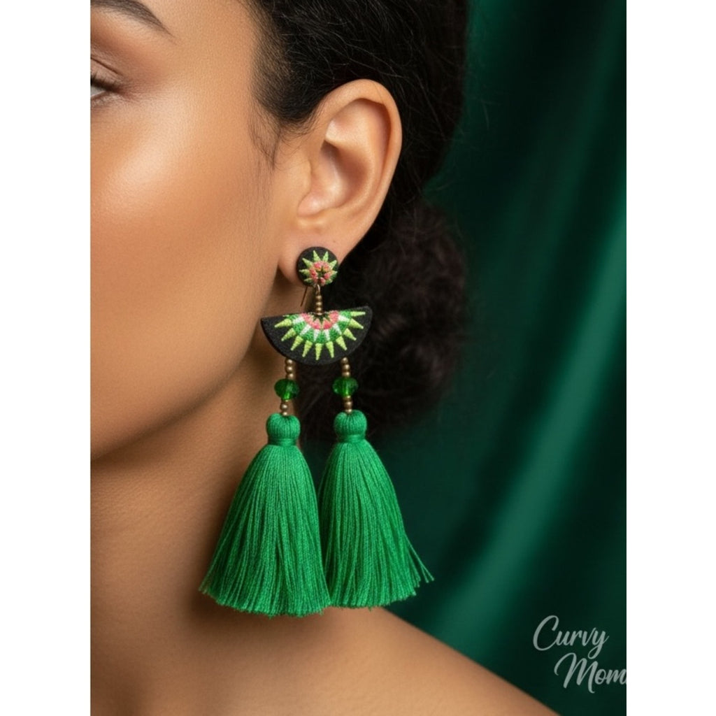 Handcrafted Vibrant Green Tassel Statement Earrings