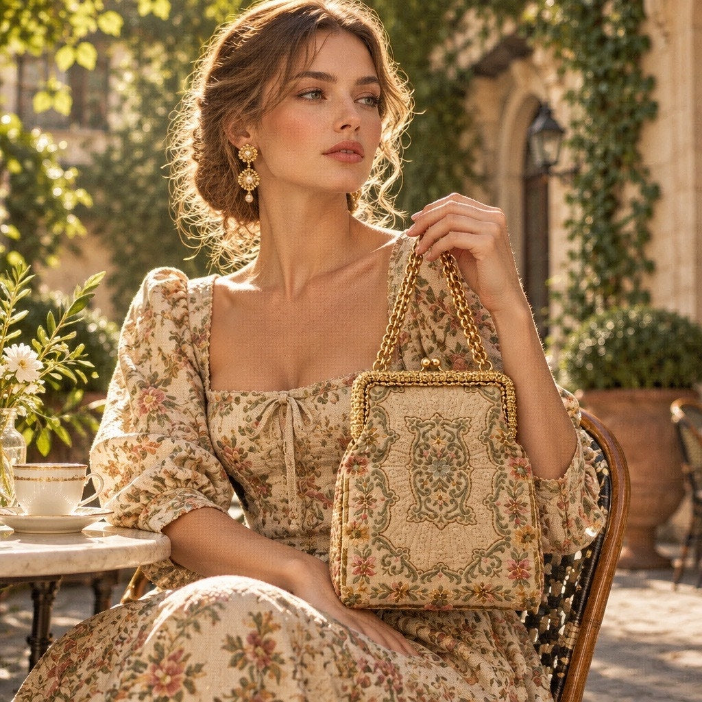 Museum Grade Vintage French Gobelins Tapestry Textured Gold  Floral Carpet Bag