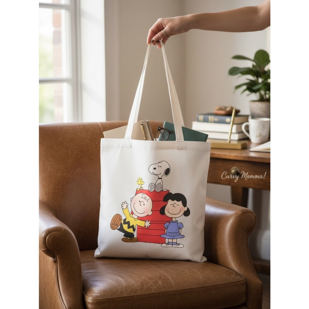 Snoopy & Peanuts Characters Canvas Tote in Cream- front/back