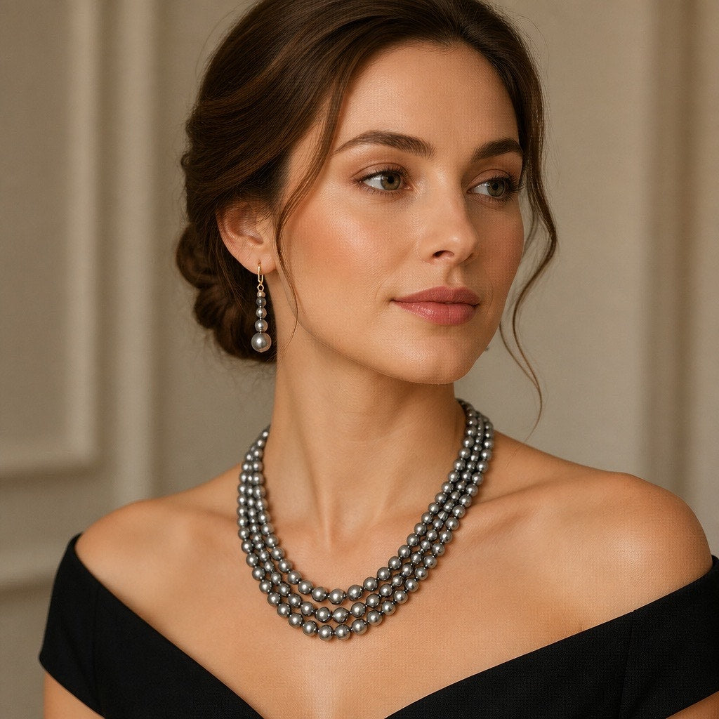 Authentic Vintage Premier Designs Charcoal Glass Pearl Three-Strand Set