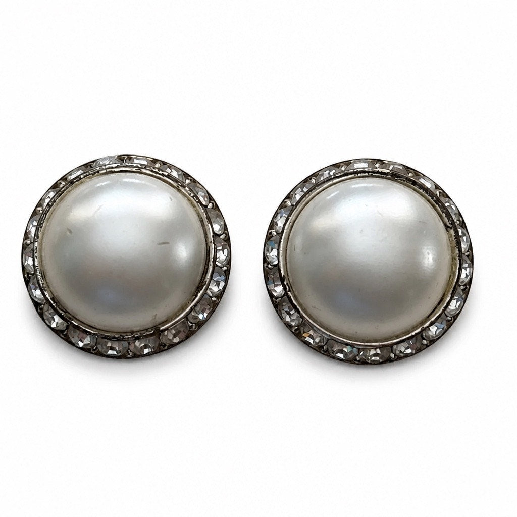 Vintage Pearl Cabochon Border Clip and Crystal Halo Statement Earrings