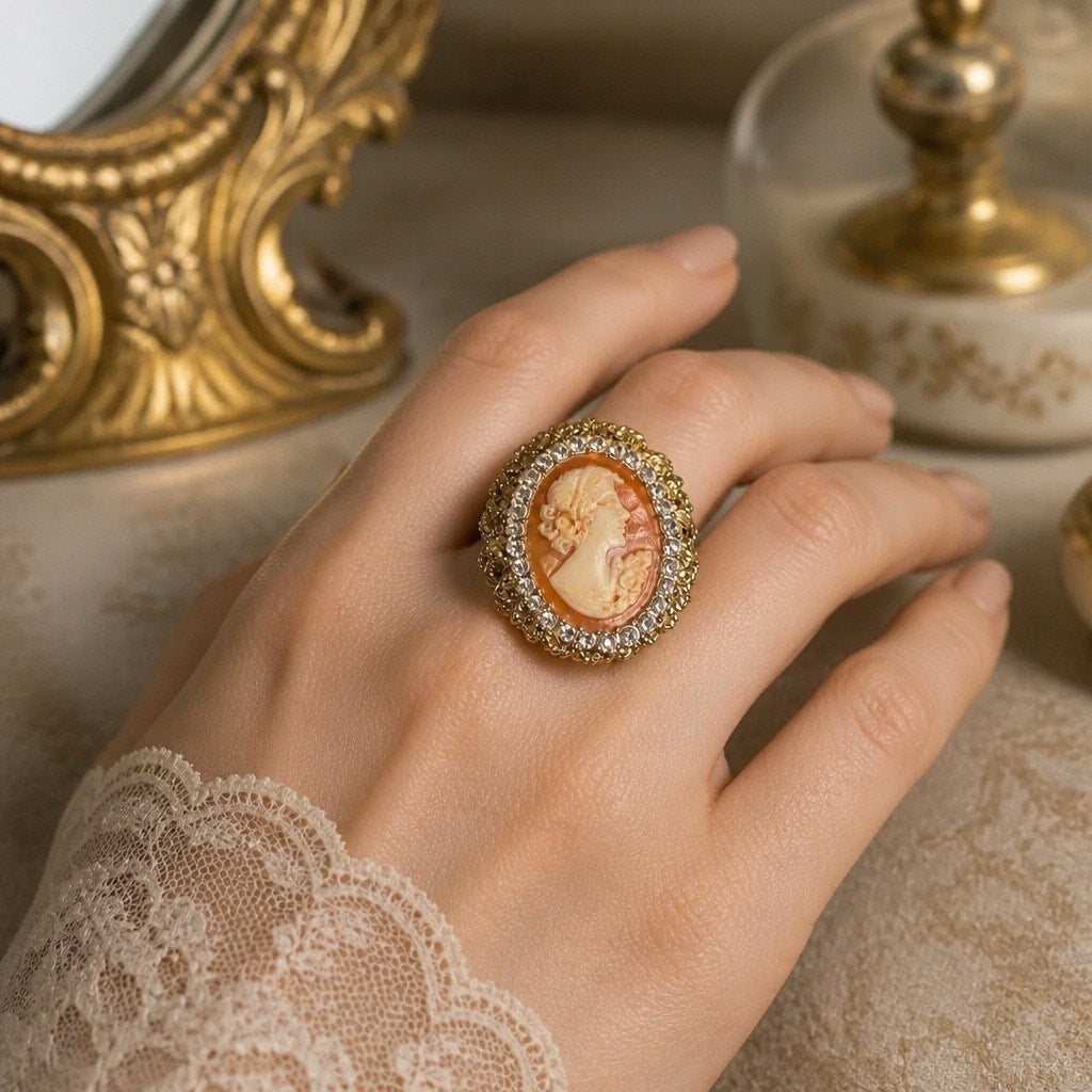 ✨ Luxury Estate Find: Signed AMEDEO Rhinestone Cameo Cocktail Ring • Size 6