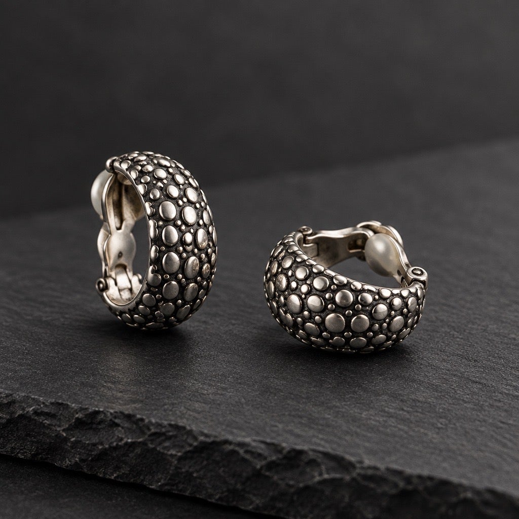 c. 1980s Antiqued Silver Tone Raised Bubble Pavé Textured Bold Hoop Earrings