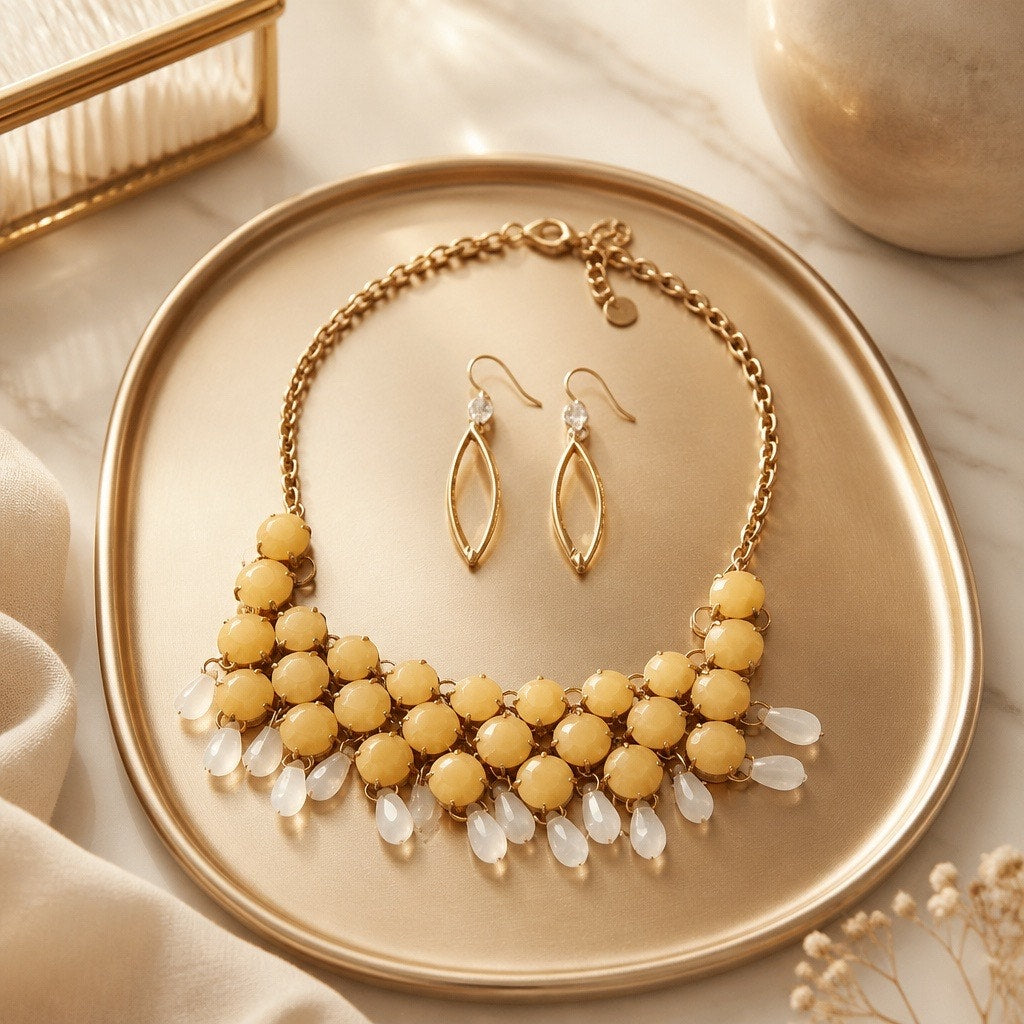 Aurelia Honey Yellow Bubble Bib Statement Necklace & Vintage Gold Dangle Set