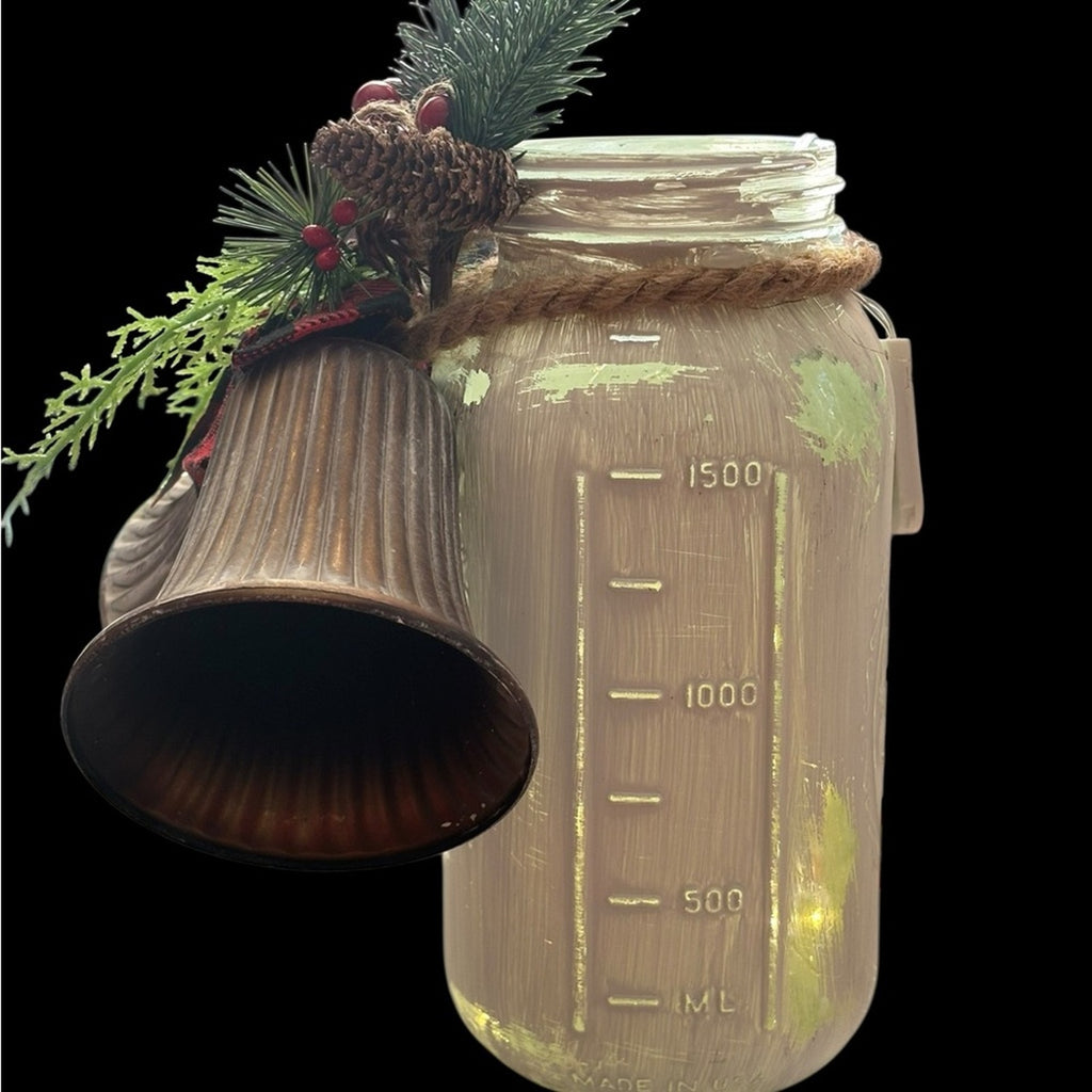 Led Lighted Wide Mouth Mason Jar Display with Rustic Bells