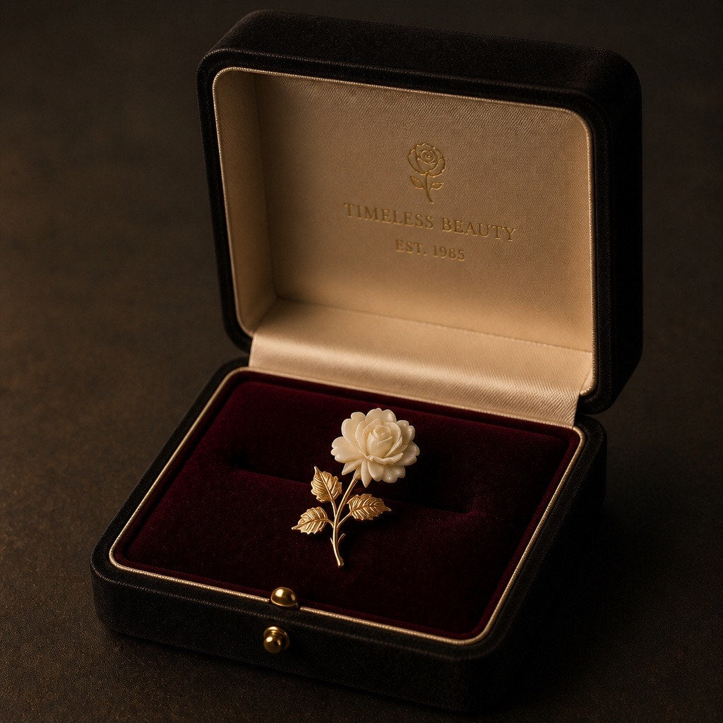 VTG Beatrix Signed Gold Tone BJ Carved White Rose Brooch Enamel Leaf Pin