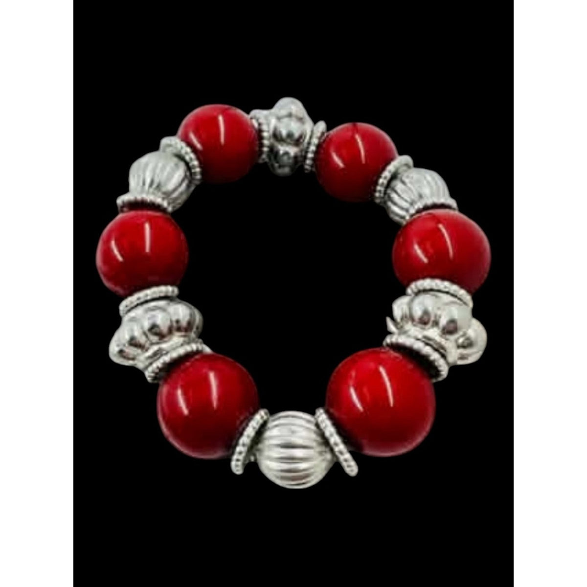 Wine Read Beaded Stretch Bracelet with Silver Accents