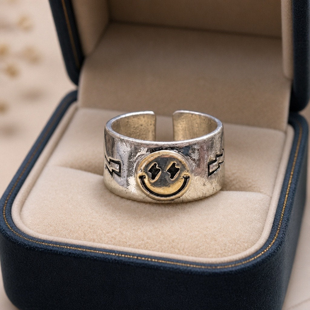 Bold Silver Starry-Eyed Smiley Face Adjustable Ring