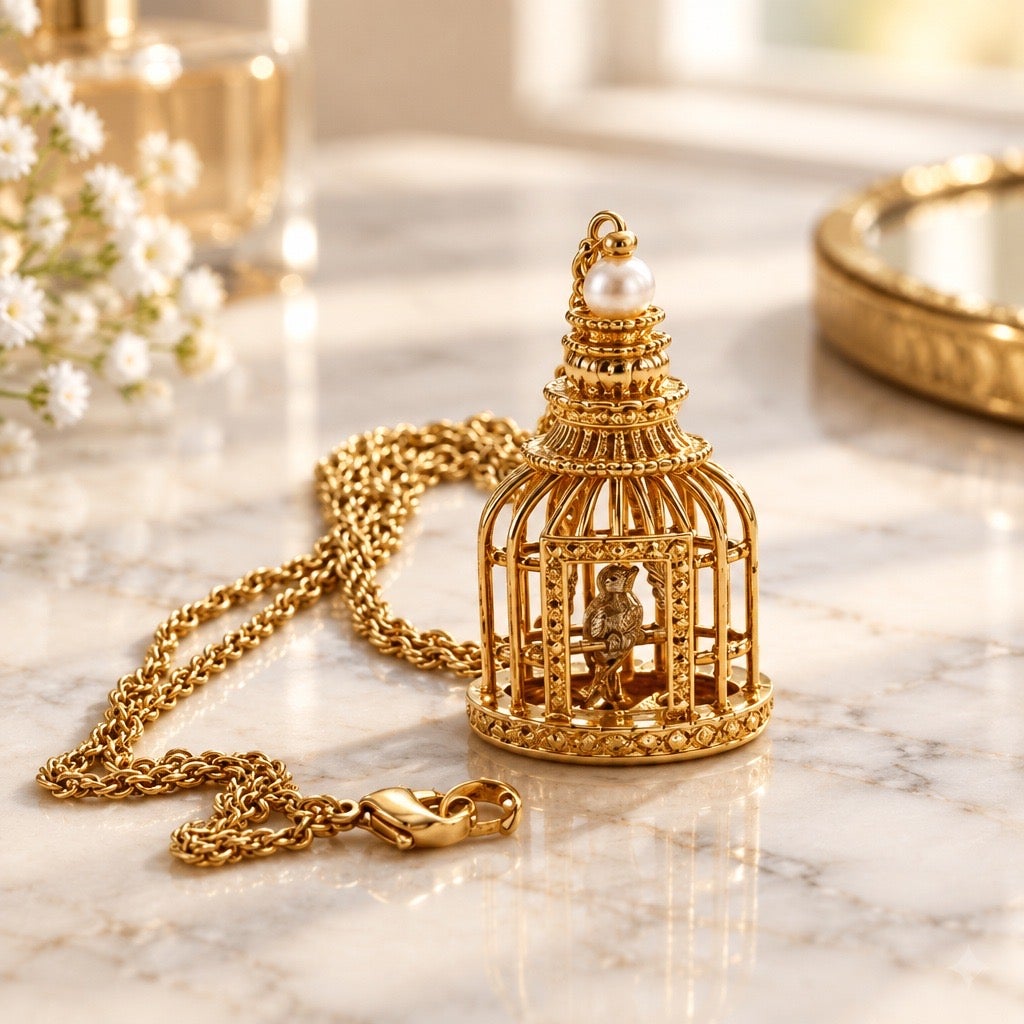 The 1996 Avon "Plume" Articulated Birdcage Pendant Necklace