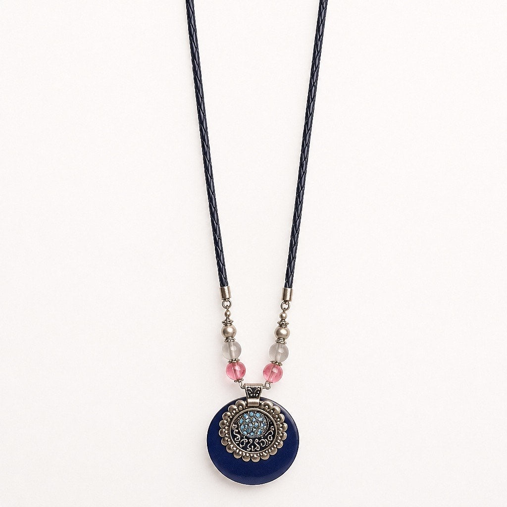 Boho Cobalt Blue Resin Donut Filigree Pendant Cord Necklace.