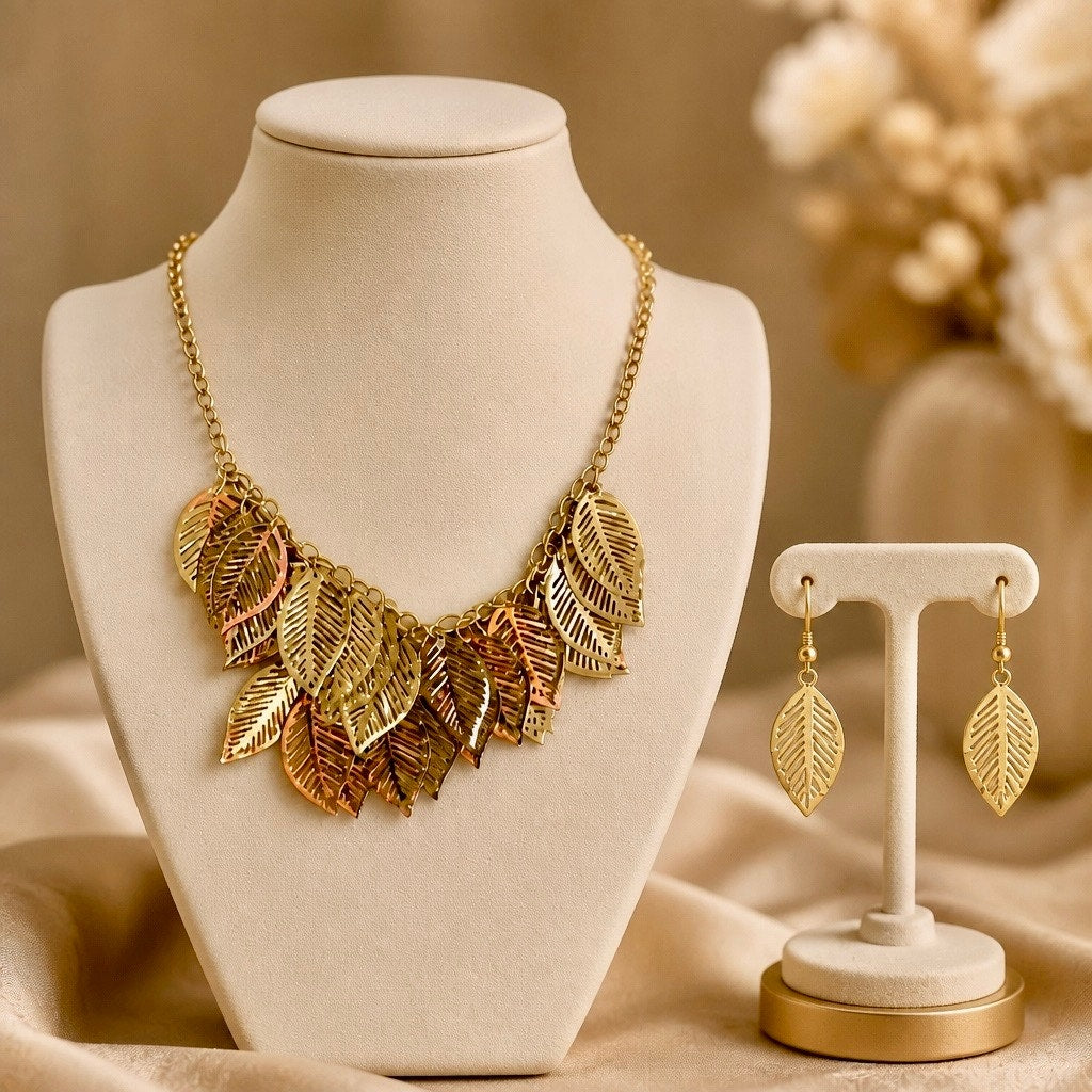 "Golden Laurel" Wardrobe: Matching Leaf Bib Necklace & 2x Earring Curated Set