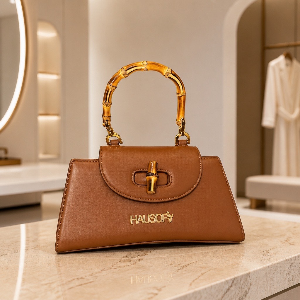 ✨ Hausofy Brown  Leather Bamboo Top Handle Satchel