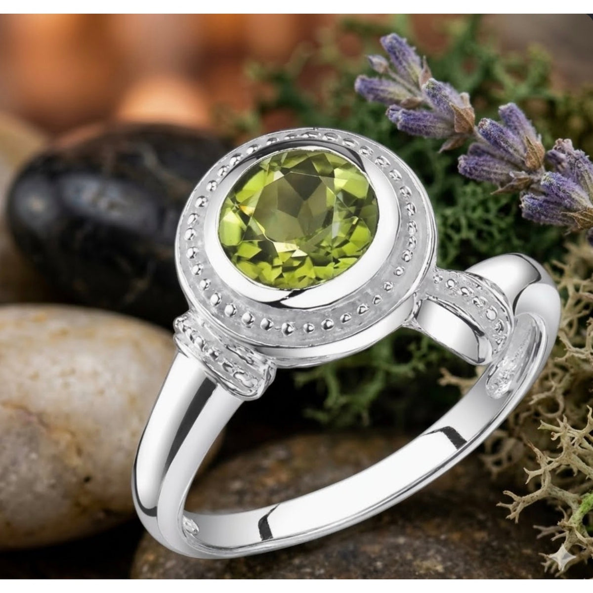 Genuine Peridot Round Solitaire Ring Sterling Silver Bezel Millgrain Split Band