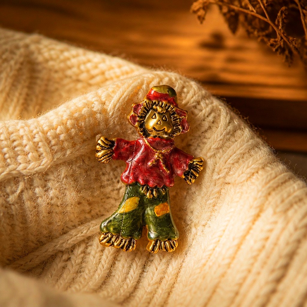 Vintage Enamel Scarecrow Brooch, Whimsical Autumn Fall Statement Piece