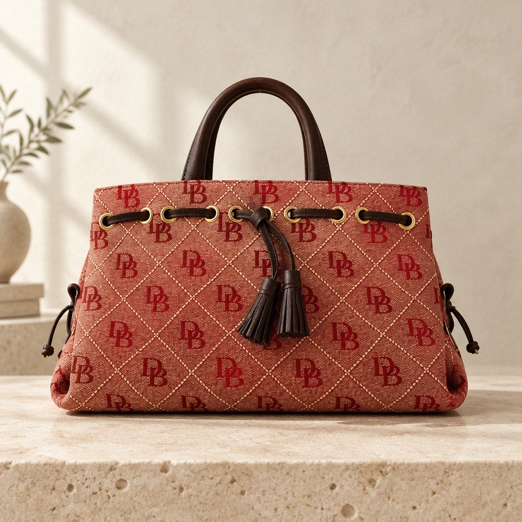 Vintage Retired Y2K Dooney & Bourke Red Signature Monogram Canvas Tassel Tote