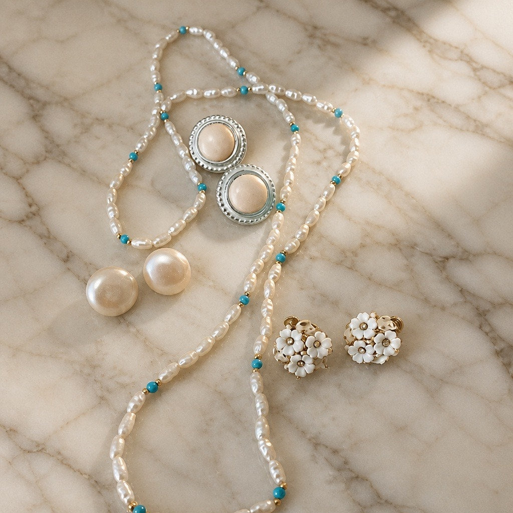 Mid-Century Vintage 4pc Jewelry Lot: Signed Coro Enamel Flower Earrings & Pearl Set