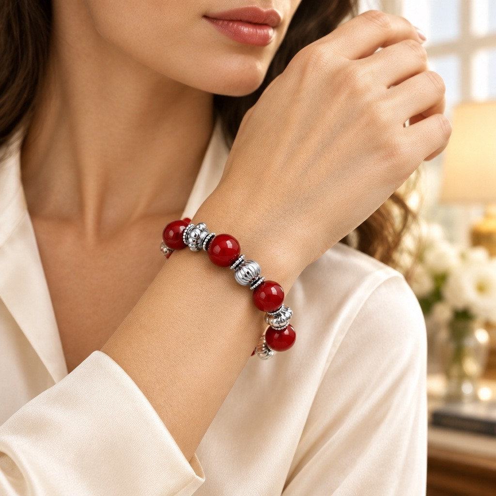 Wine Read Beaded Stretch Bracelet with Silver Accents