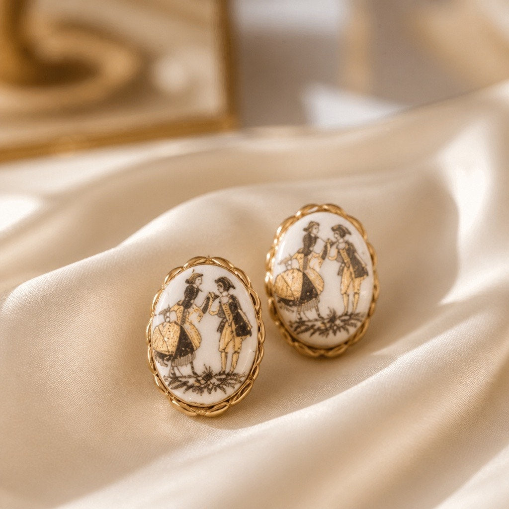 The Genevieve Stud — Vintage Rococo Courting Couple Porcelain Oval Earrings