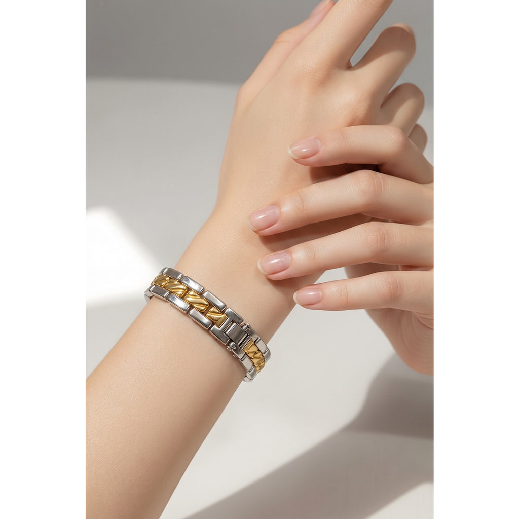 Two-Tone Silver & Gold Watch Band Link Bracelet – Chevron Textured Accent