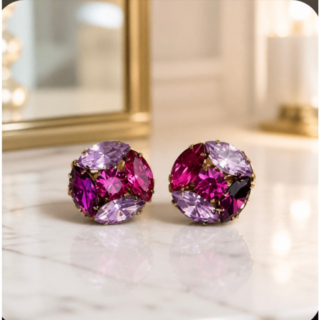 1960s Tiered Amethyst & Pink Marquise Crystal Clip On Earrings