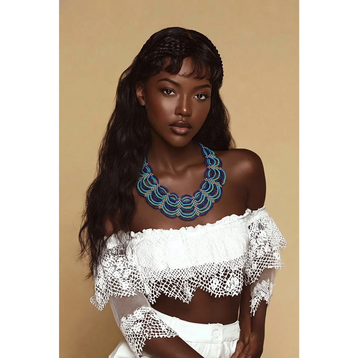 Time and Tru Blue Scalloped Beaded Statement Collar Necklace, 20"