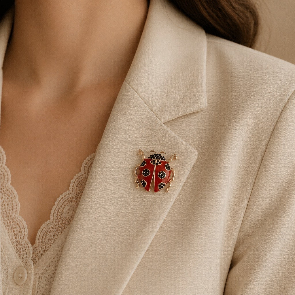 Charming Red Enamel & Rhinestone Ladybug Brooch Pin