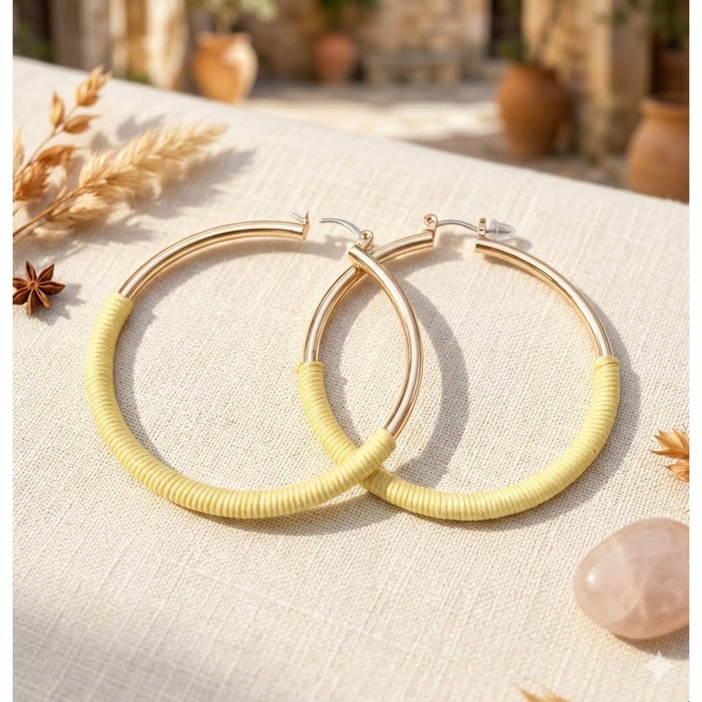Gold Tone Large Hoop Earrings Yellow Cord Thread Wrapped Lightweight Statement Boho