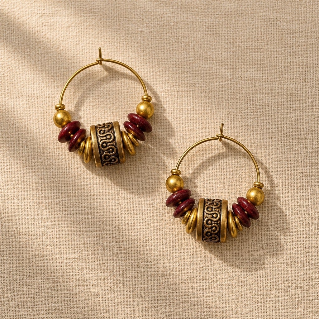 c1980s Handcrafted Southwestern Revival Terracotta Stamped Brass Filigree Hoops