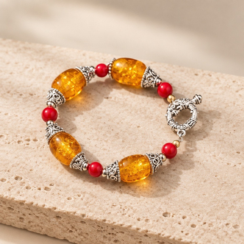 Genuine Baltic Amber  & Coral Red Filigree Statement Bracelet