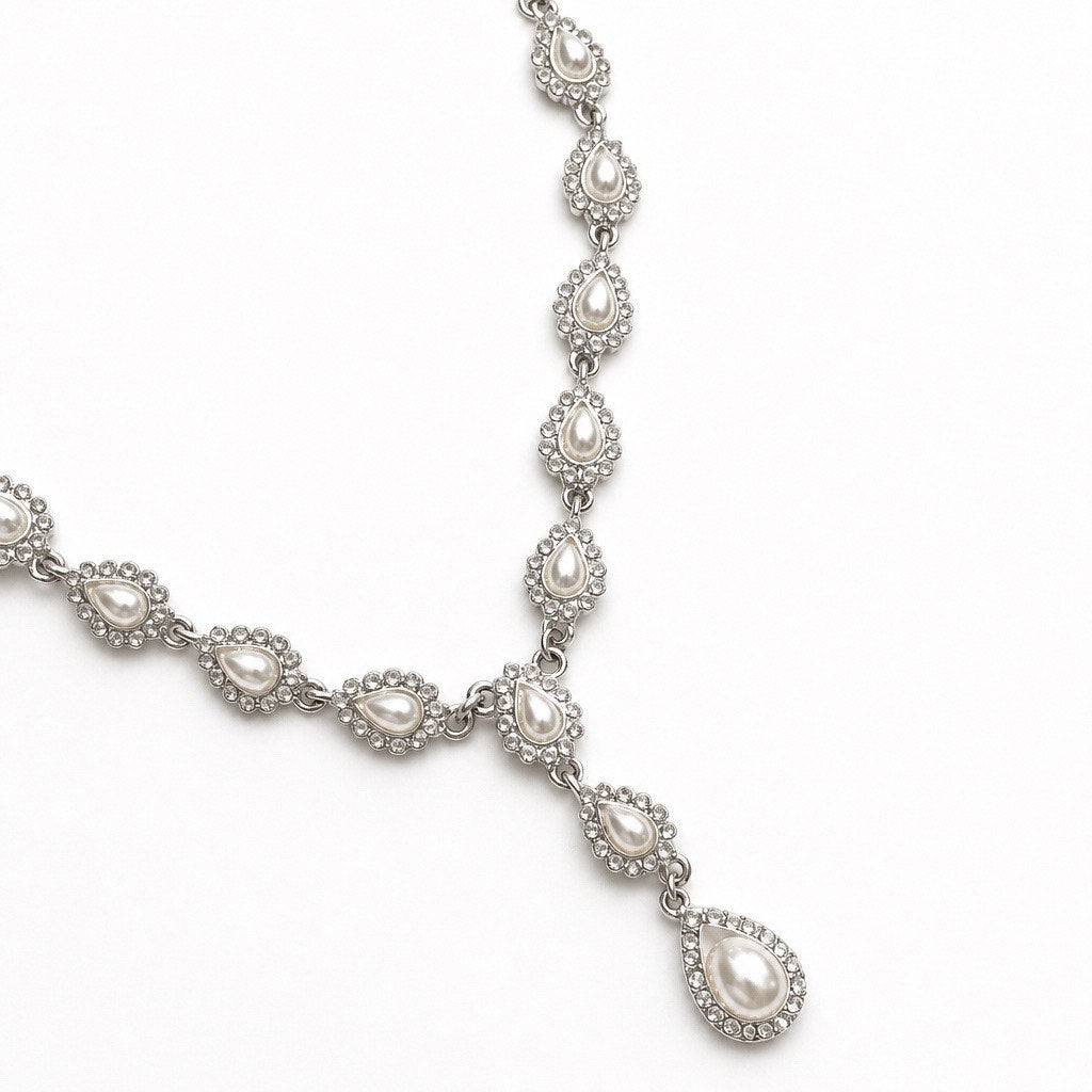 Mariell Signed The Teardrop Pearl and Crystal Y-Necklace