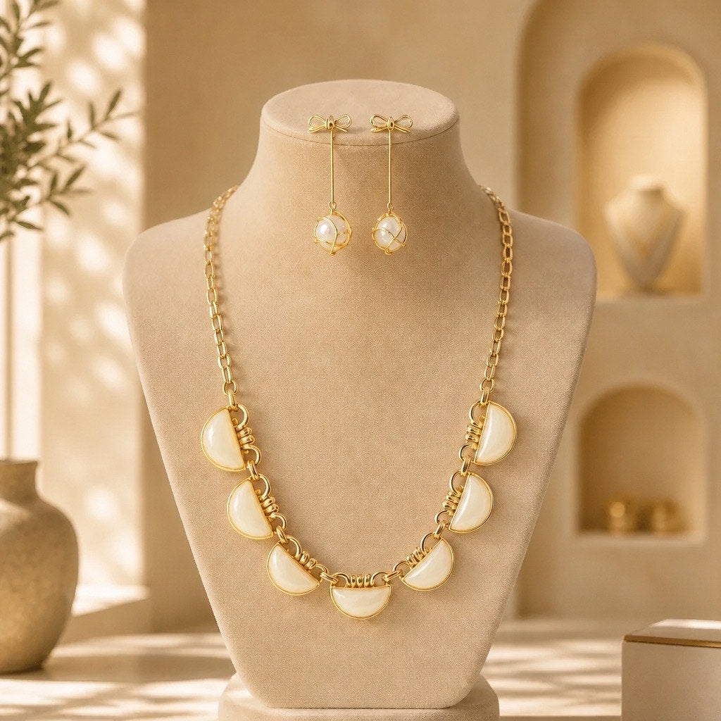 Vintage Mid-Century Cream Crescent Statement Choker & Bow Drop Earring Set 2pc