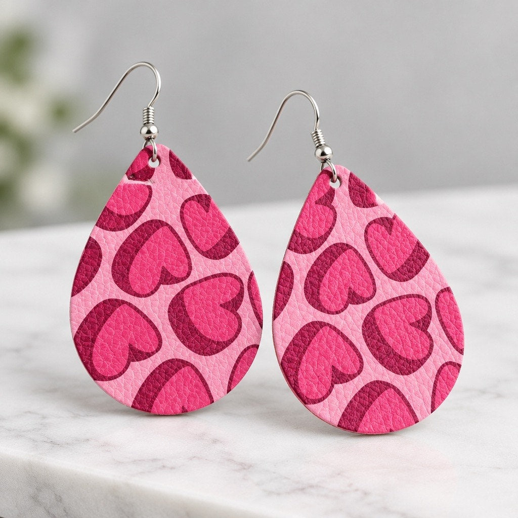 Pink Heart Faux Leather Teardrop Earrings Magenta Pattern Dangle