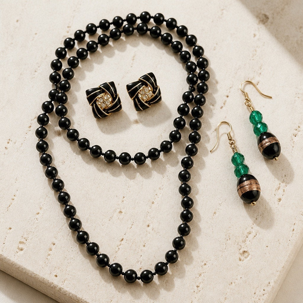 Onyx & Emerald Demi-Parure Curated Set — Vintage Beauty (3-Piece Midnight Suite)