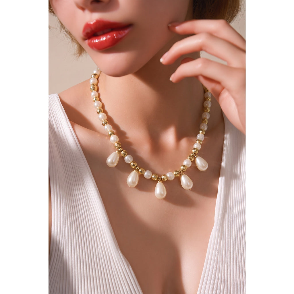 Signed Plunder Design "Pearls Plus" Gold-Tone Beaded Drop Necklace