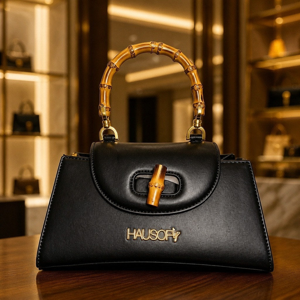 Hausofy Black Leather Trapezoid Bamboo Top Handle Crossbody Satchel Bag