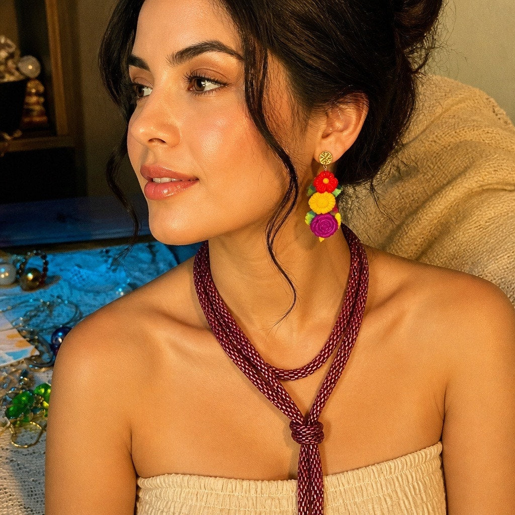 Vintage Mid-Century Purple Beaded Lariat & Floral Statement Earring Trio Set 3pc