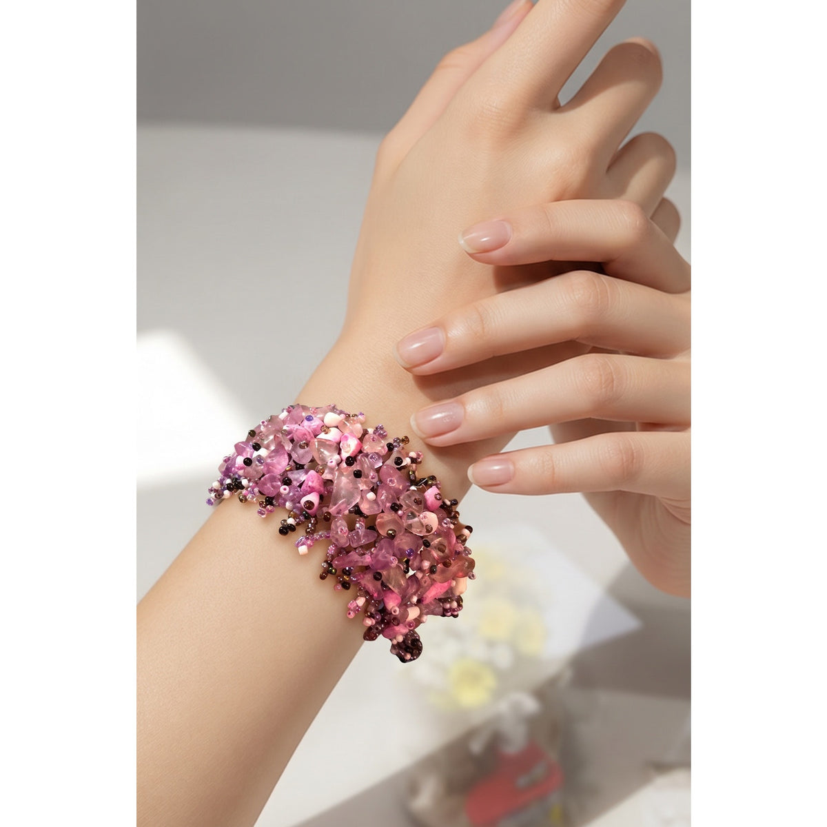 The Orchid Weaver Cuff – Intricate Multi-Tone Pink Beaded Cluster Bracelet
