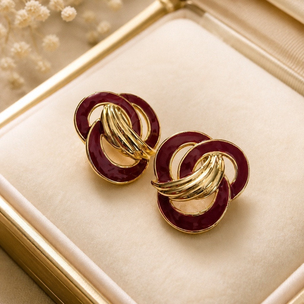 The Naomi Stud — Vintage 1980s Burgundy Enamel and Gold-Tone Interlocking Love Knot Earrings