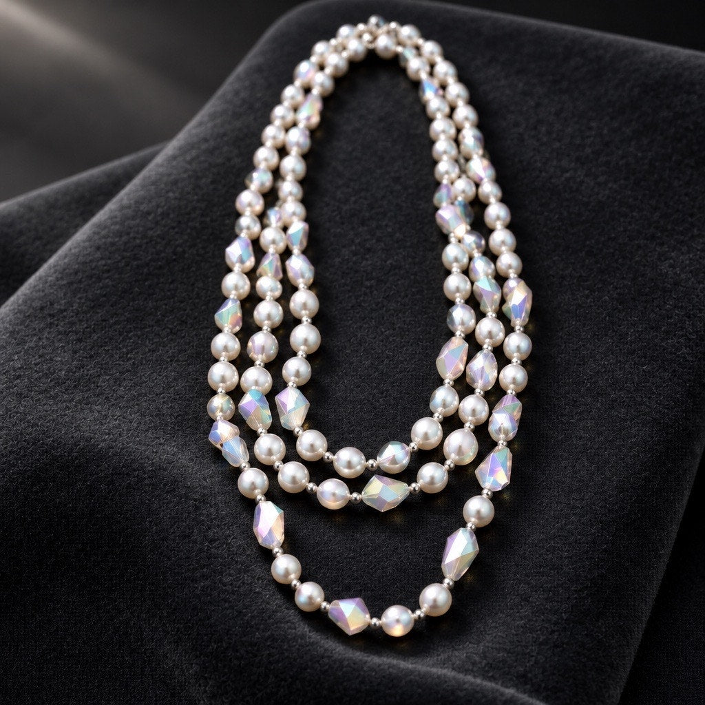 Imperial Triple-Strand Luminous Pearl Statement Necklace with Ethereal Aurora Borealis Light Play