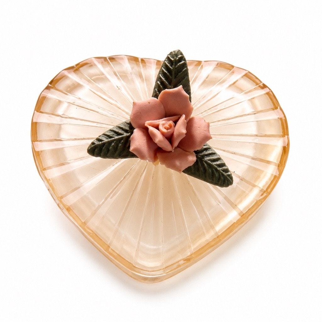 Vtg Peach Pink Frosted Glass Fluted Heart Trinket Dish 3D Rose Flower Lid