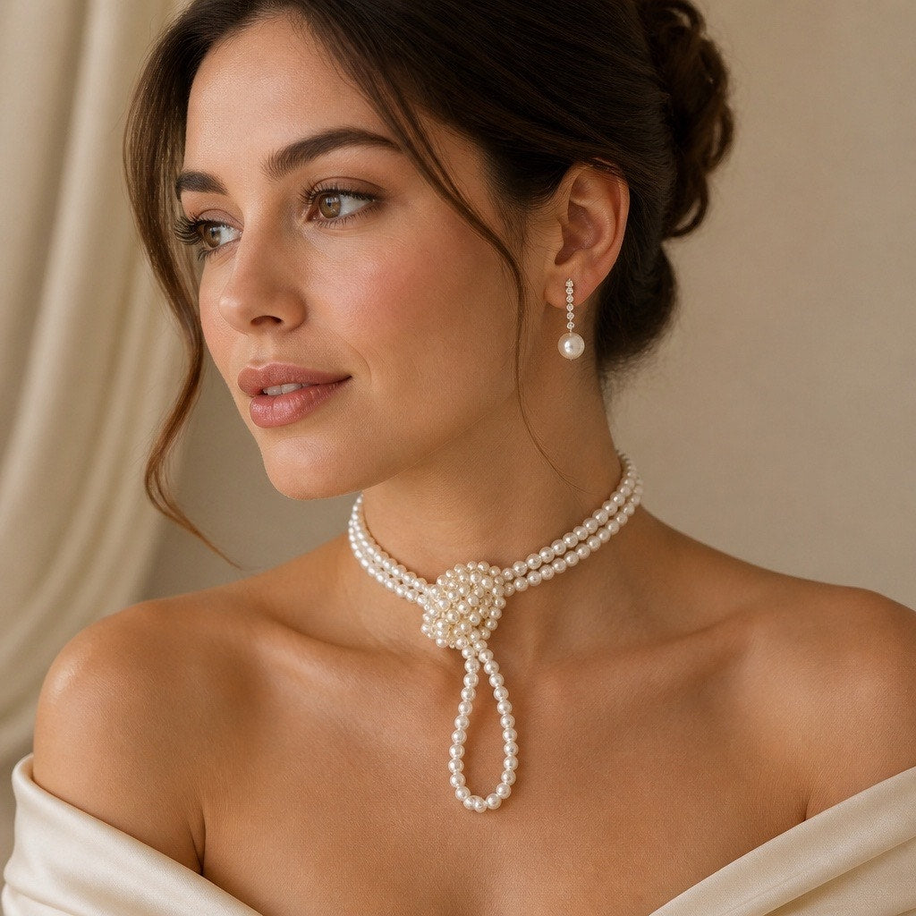 The Vintage Glamour: Roaring 20s Flapper Styled Knotted Long Pearl Rope & Rhinestone Drop Earring Set-2 for 1