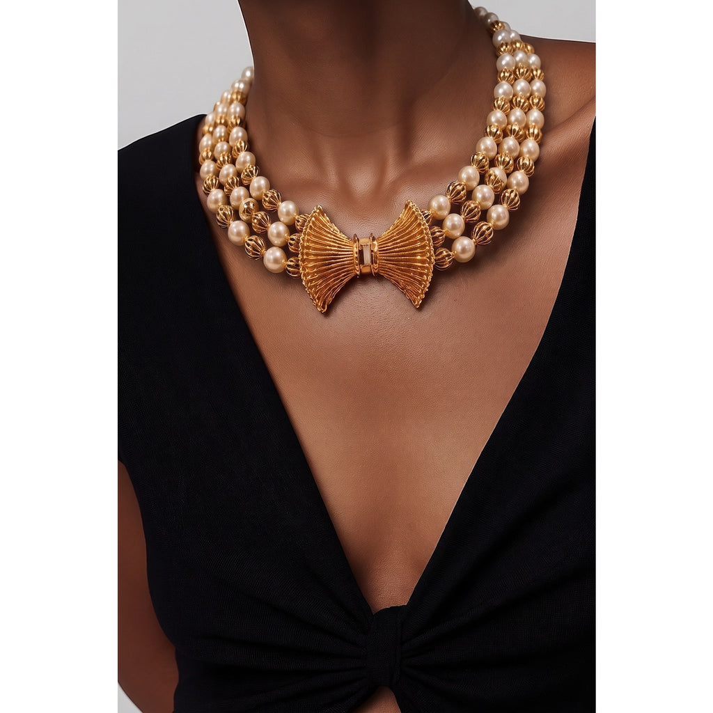 Gilded Estate Find • Vintage 3-Strand Fluted Gold Bead Pearl Statement Necklace ✨