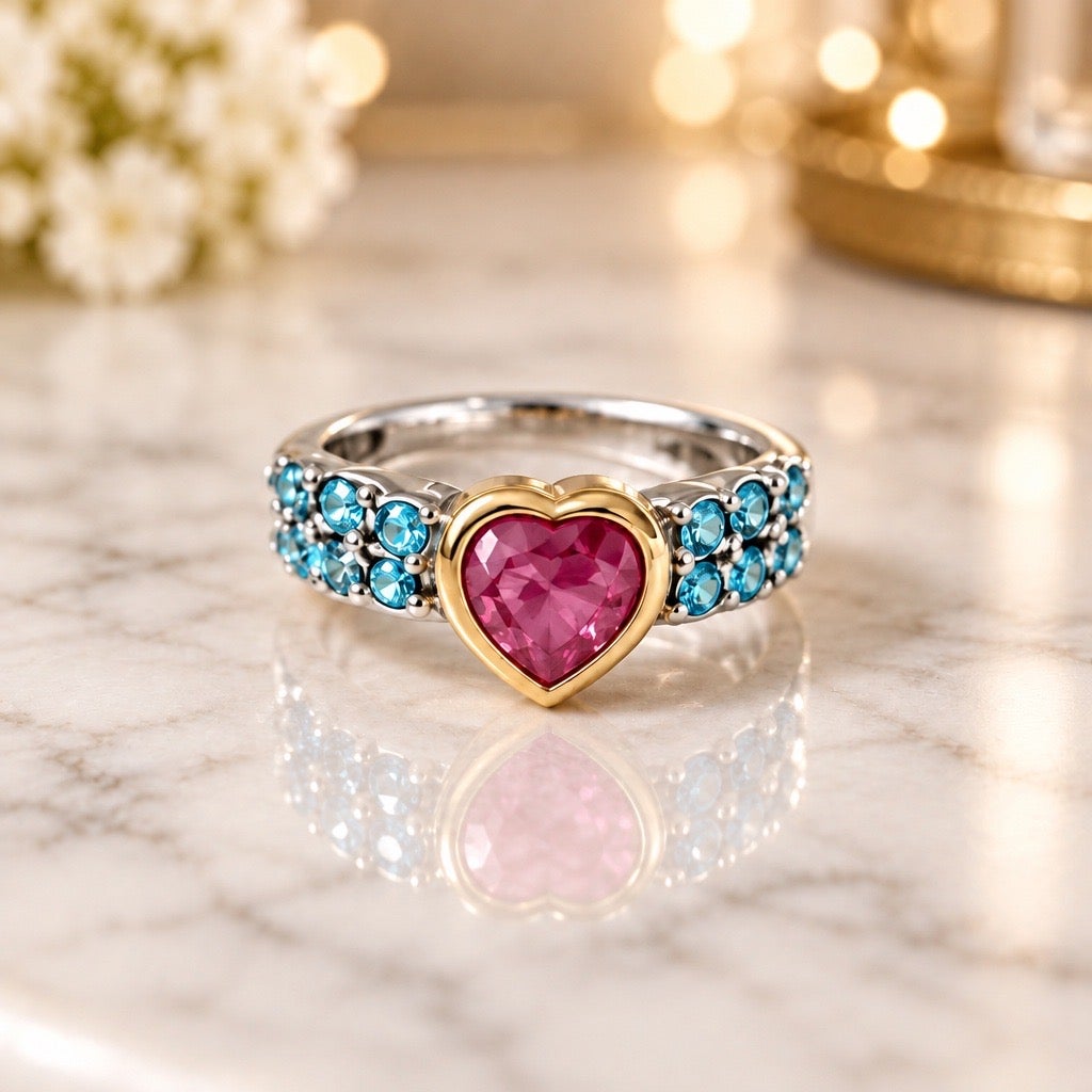 C.Y2K Custom Restored 925 Sterling Silver Pink Crystal Heart and Aqua Pavé Ring