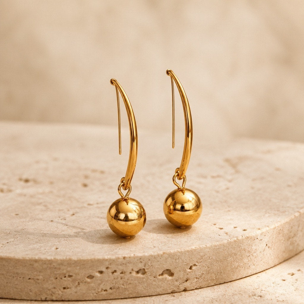 The Eclipse Drops – Minimalist Gold Arc & Sphere Dangle Earrings