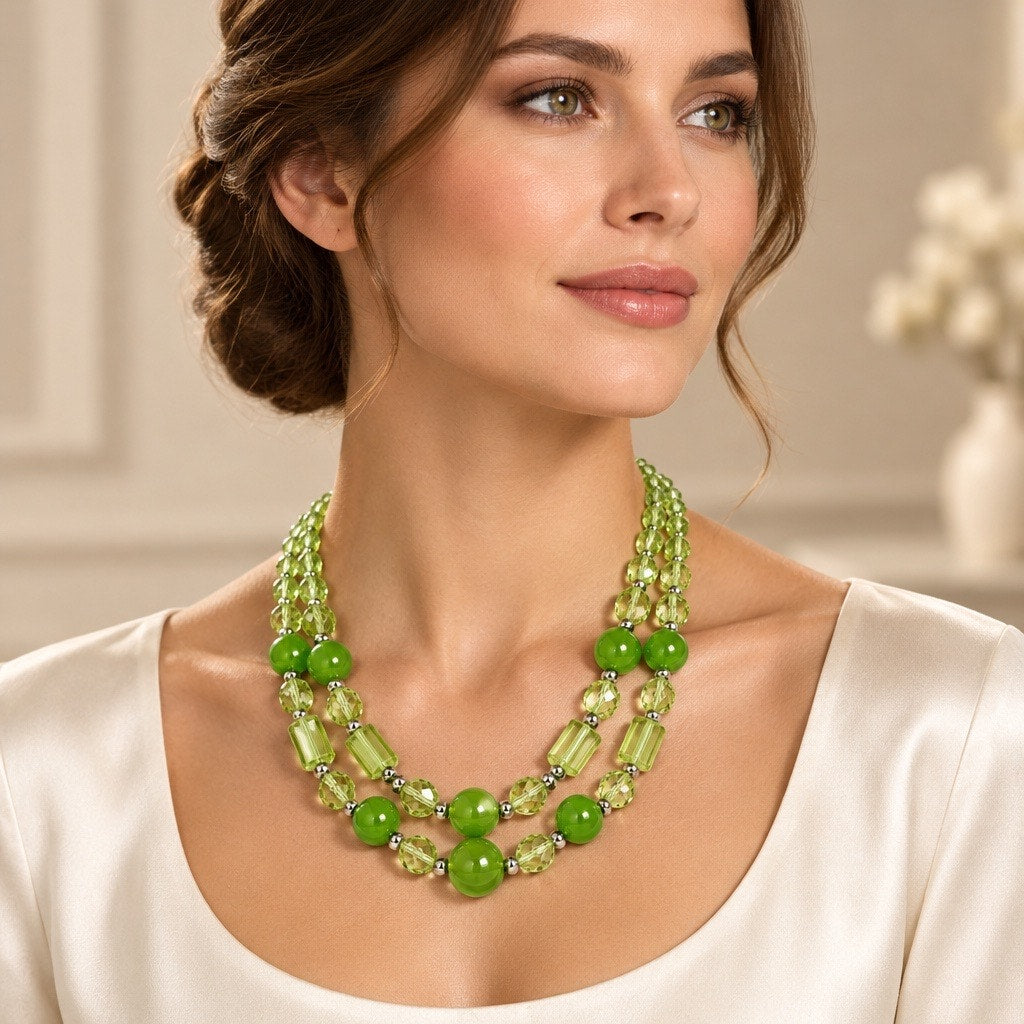 c.2011 Botanic Multi Strand Bib Necklace, Tiered Lime Faceted Crystal Collar