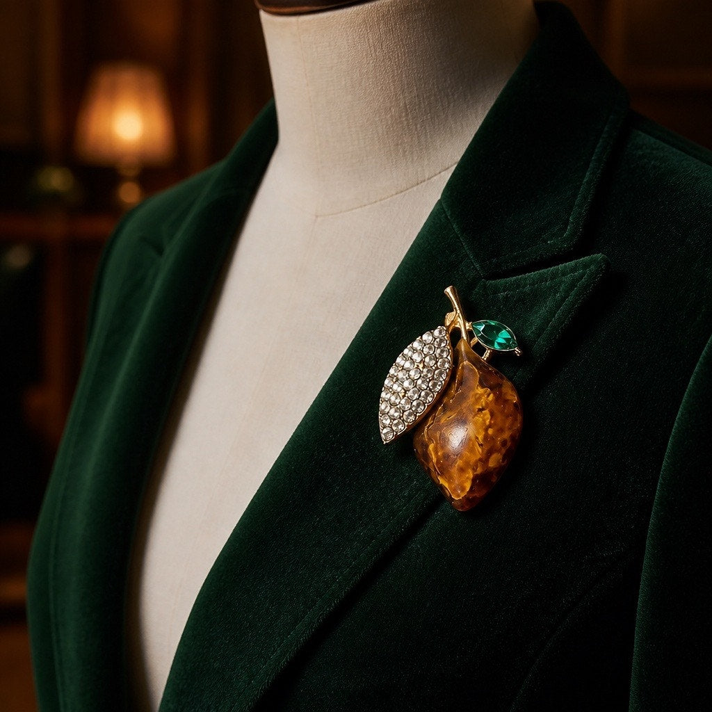 Vintage 1960s Tortoiseshell Pear Brooch, Pave Rhinestone & Emerald Green Crystal Accent Fruit Pin