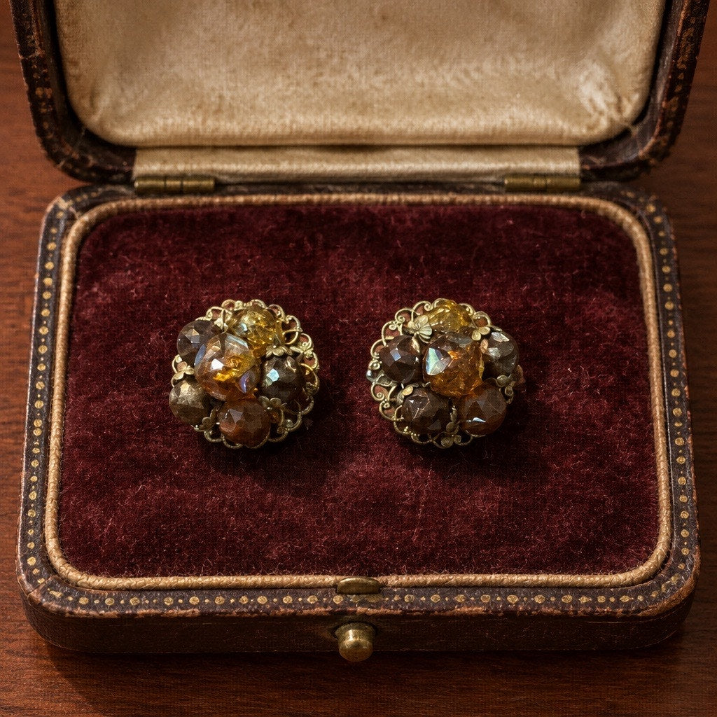 ✨ The Rochester Statement – Vintage German Topaz Lucite Clip-On Earrings ✨