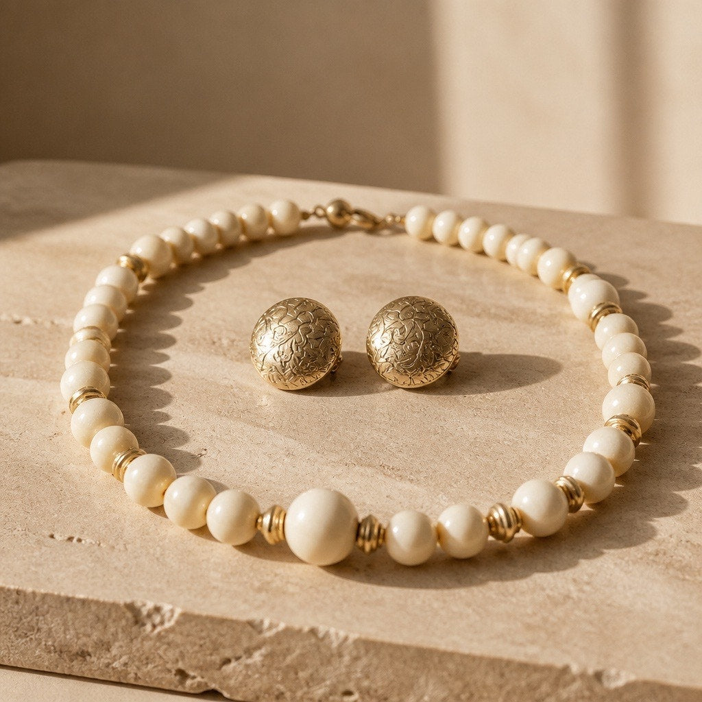 Mid-Century Gold Maple Earrings & Premier Design Graduated Pearl Strand Set-2 for 1