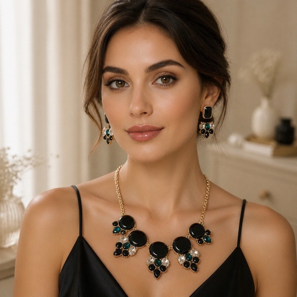 The Hollywood Glamour:  Mid Century Vintage Onyx Black Gold Earrings & Emerald Green Cluster Statement Necklace