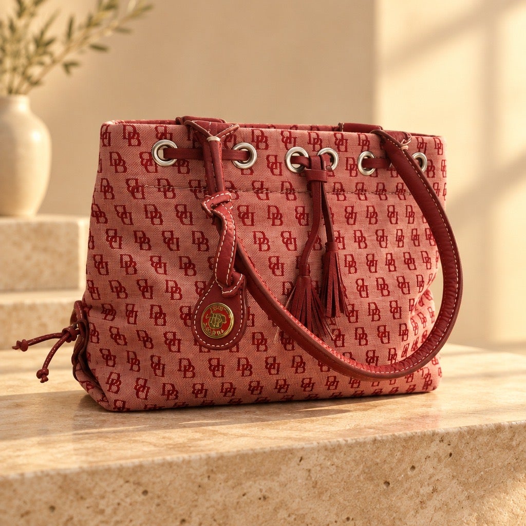 Circa 2000s Dooney & Bourke Y2K Monogram Canvas Tassel Drawstring Tote Handbag